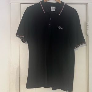 Black with red and white stripe polo, Lacoste, size L